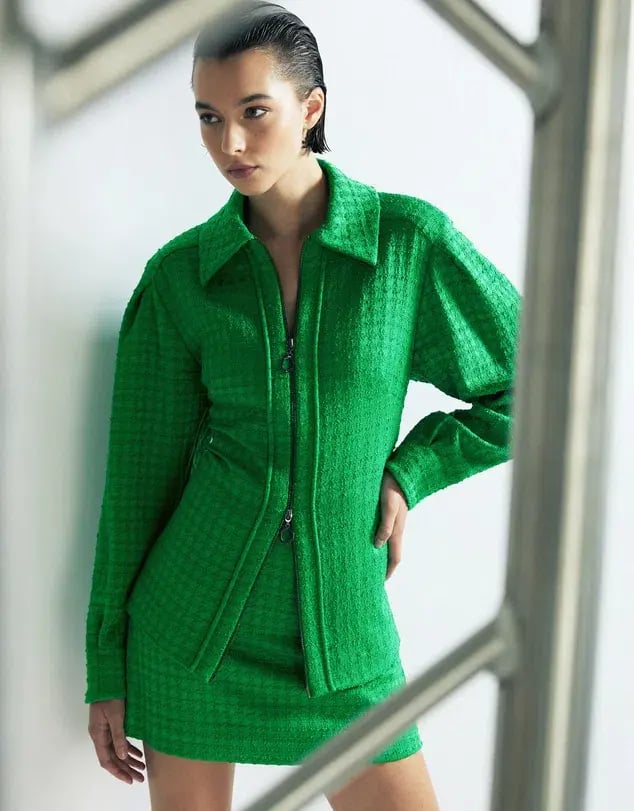 Cue Houndstooth Tweed Shirt Jacket Blazer Size 8 and Mini Skirt Size 10 Set Apple Green photo 4