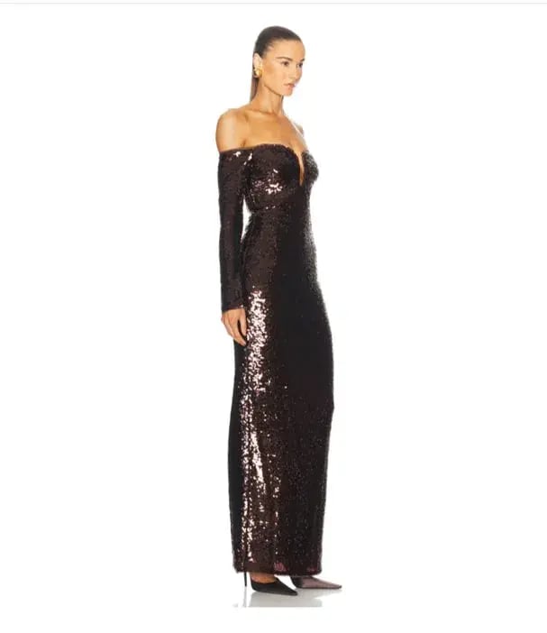 Self-portrait Sequin Off-shoulder Maxi Dress In Brown Size 14 photo 3