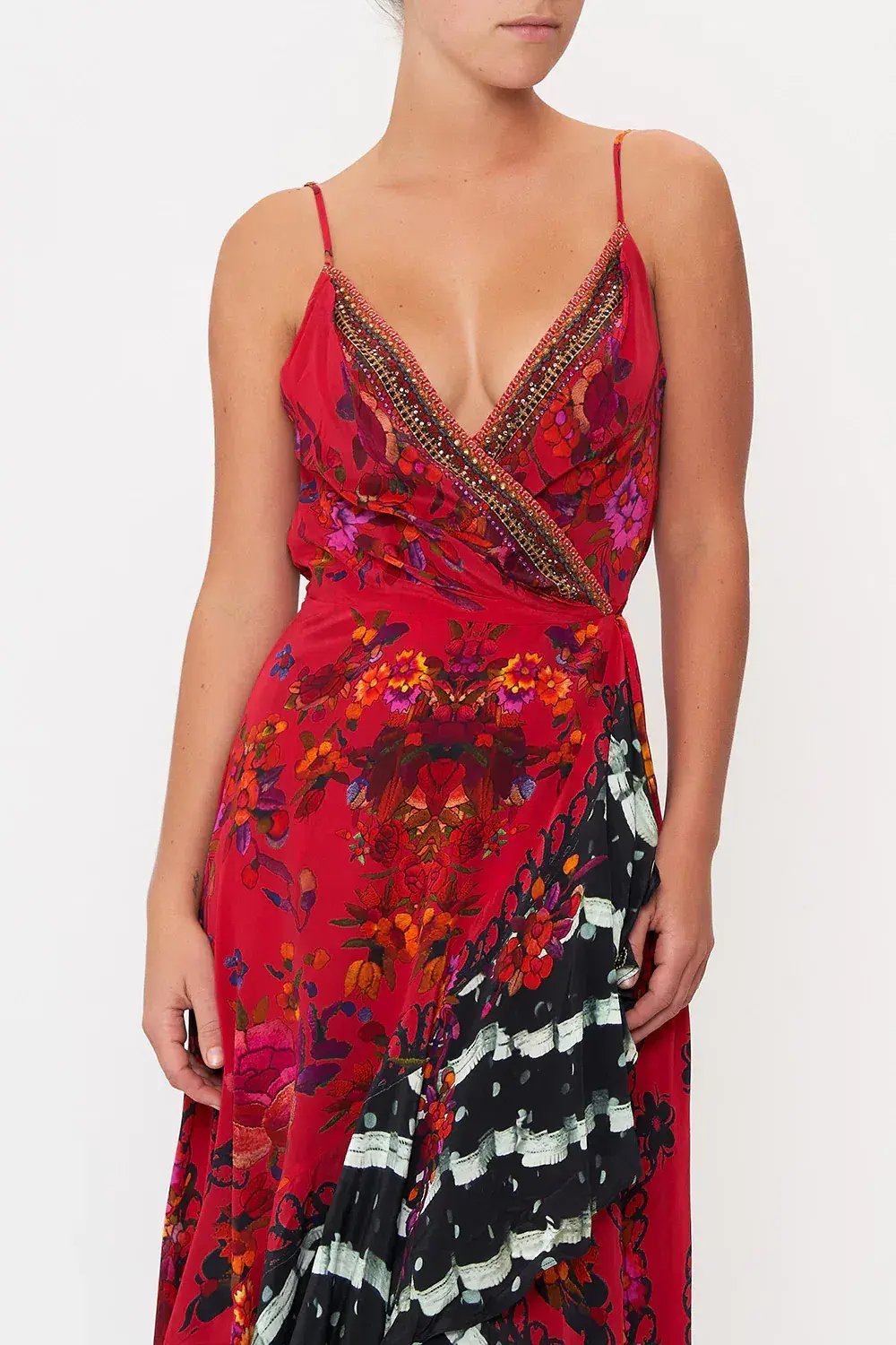 Camilla Draped Front Wrap Dress Red Multi Size 10 photo 3