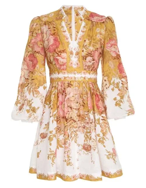 Zimmermann Pattie Plunge Mini Dress in Mustard Floral Size 3/Au 14 photo 3
