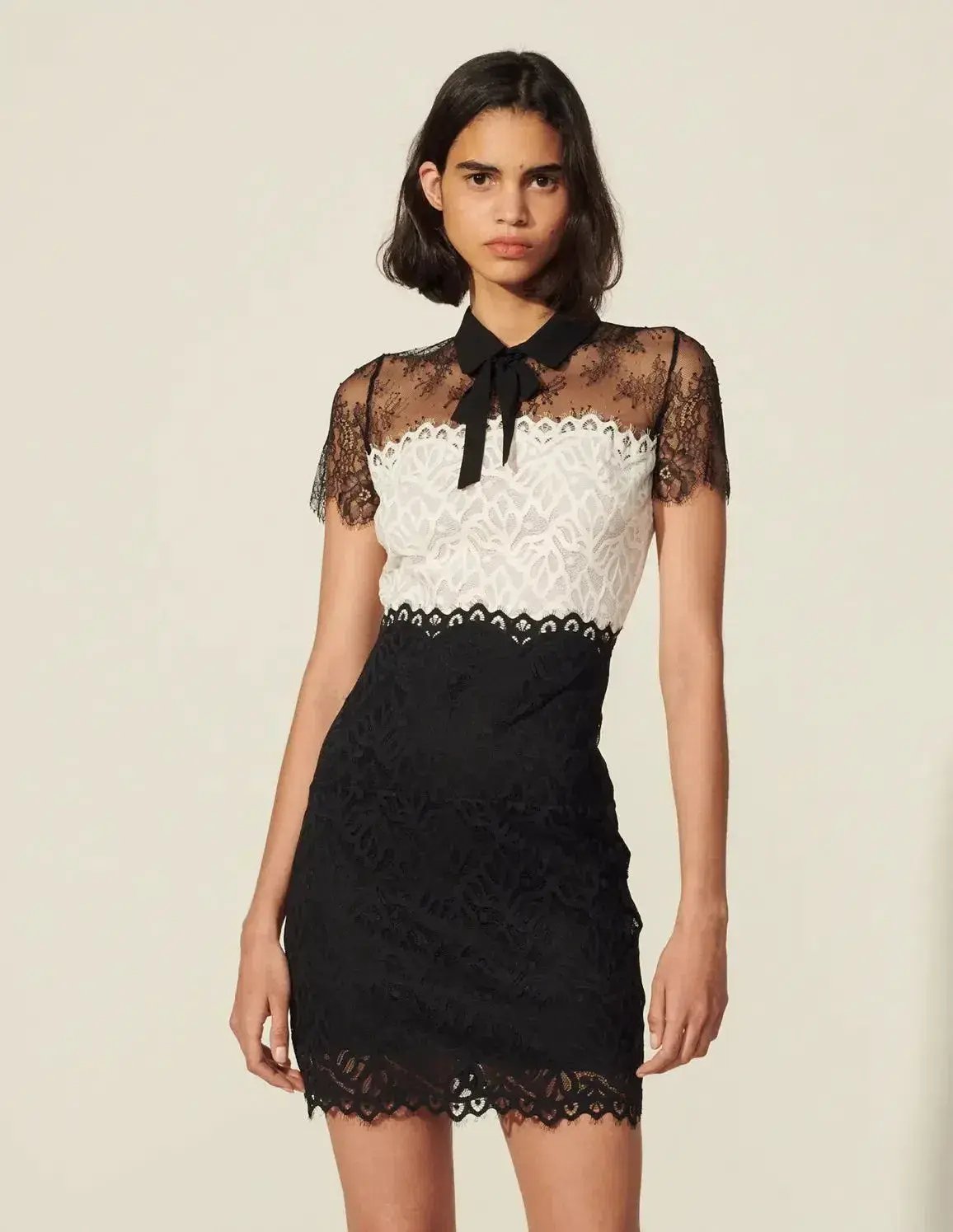 Sandro Two Tone Lace Mini Dress Ecru/Black Size 10 photo 2