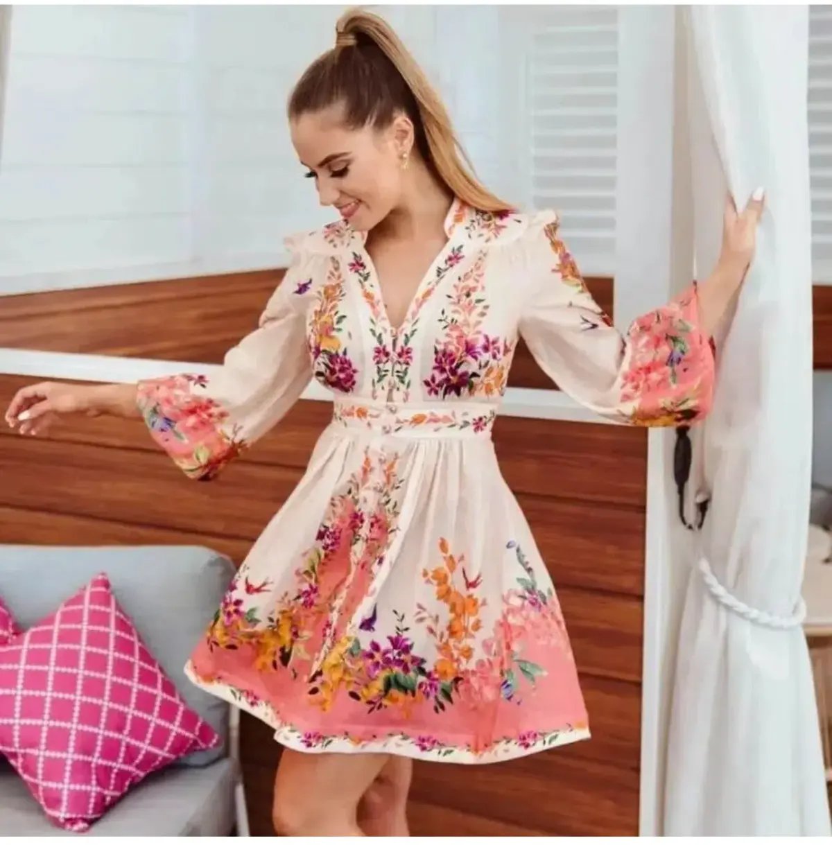 Zimmermann Tropicana Plunge Mini Dress Cream Floral Size 3 / AU 14 photo 2