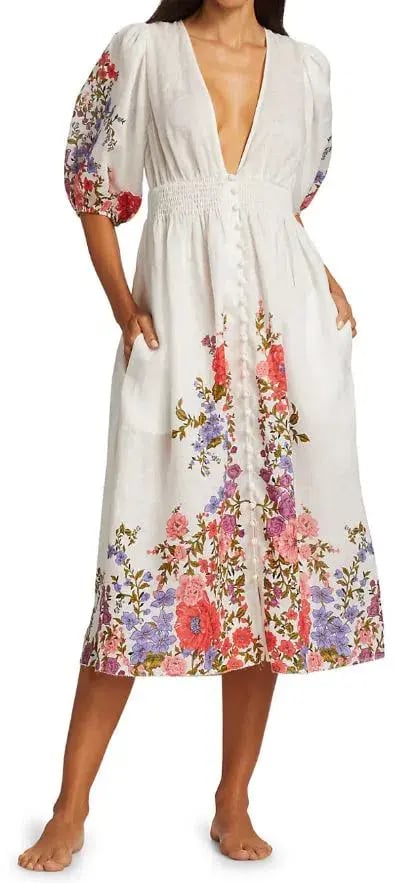 Zimmermann Poppy Shirred Waist Midi Dress White Size 12 photo 5