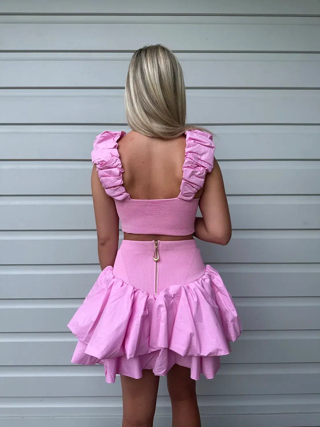 Aje Allard Ruched Strap Knit Top & Turner Bubble Skirt Set in Pink - Size 8 photo 4