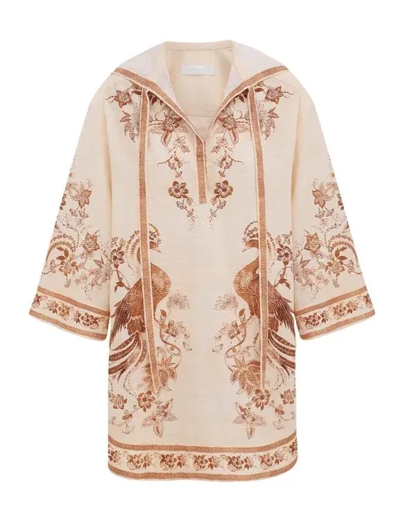 Zimmermann Ascension Tunic Mini Dress Cream Tan Floral Size 1 / AU 10 photo 4