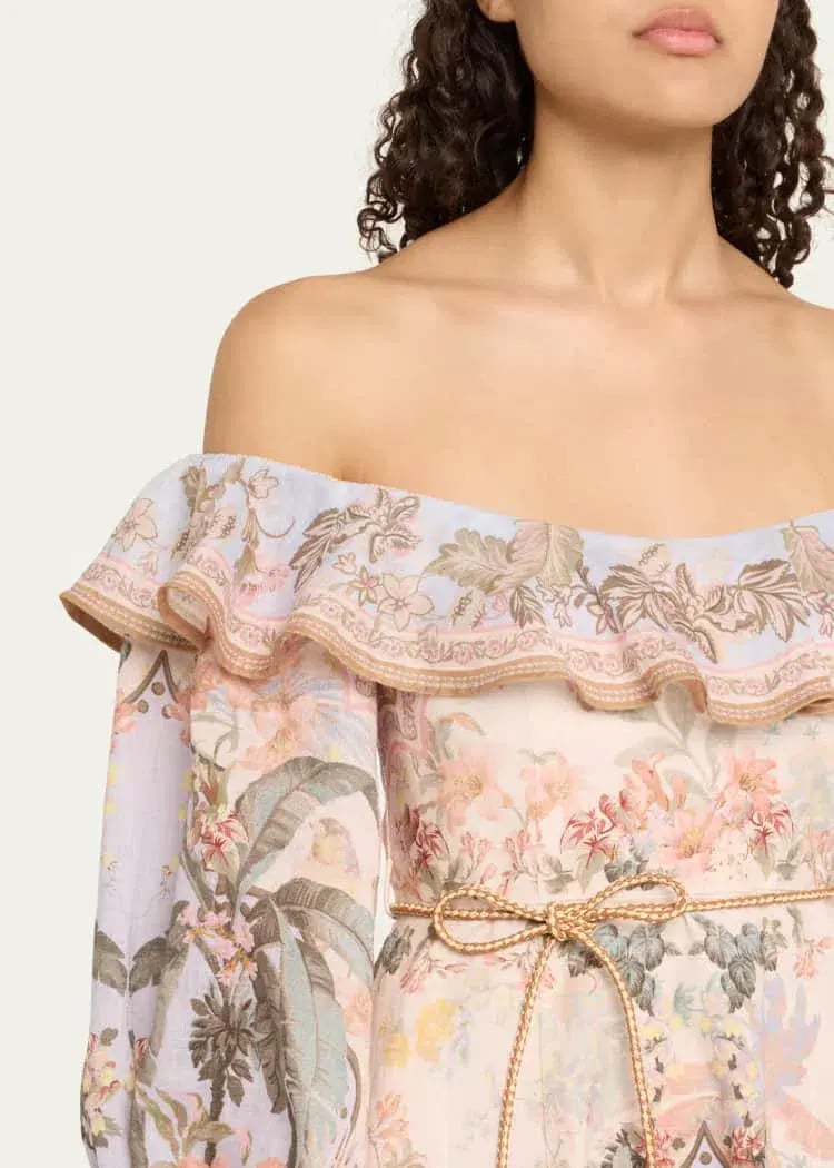 Zimmermann Wylie Off Shoulder Midi Dress Blue Floral Size 3 / AU 14 photo 5