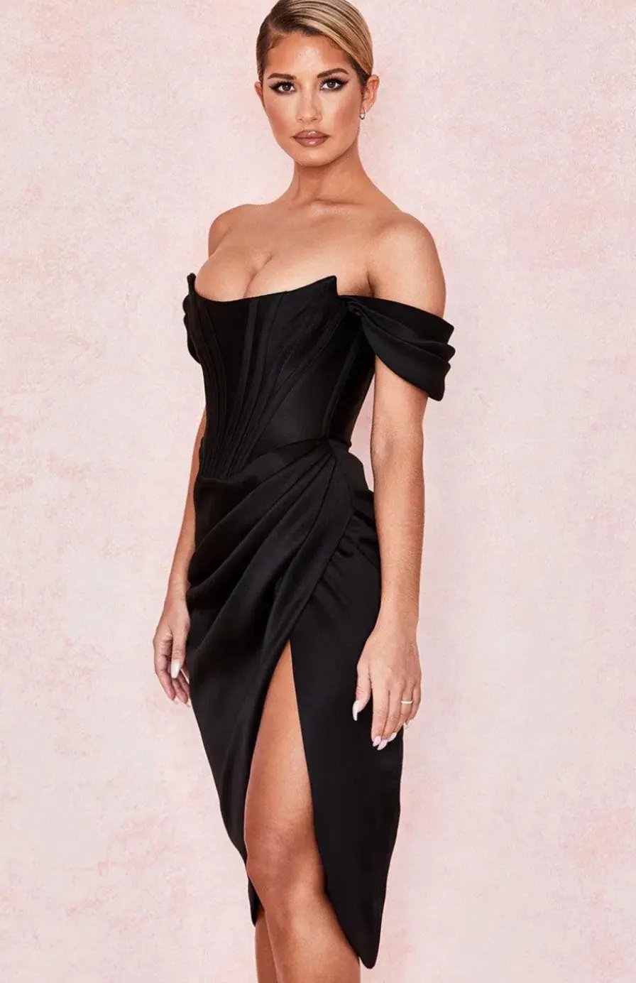 House of CB Loretta Satin Corset Off Shoulder Dress Black Size M / AU 10 photo 2