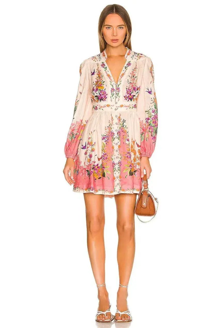 Zimmermann Tropicana Plunge Mini Dress Cream Floral Size 3 / AU 14 photo 5