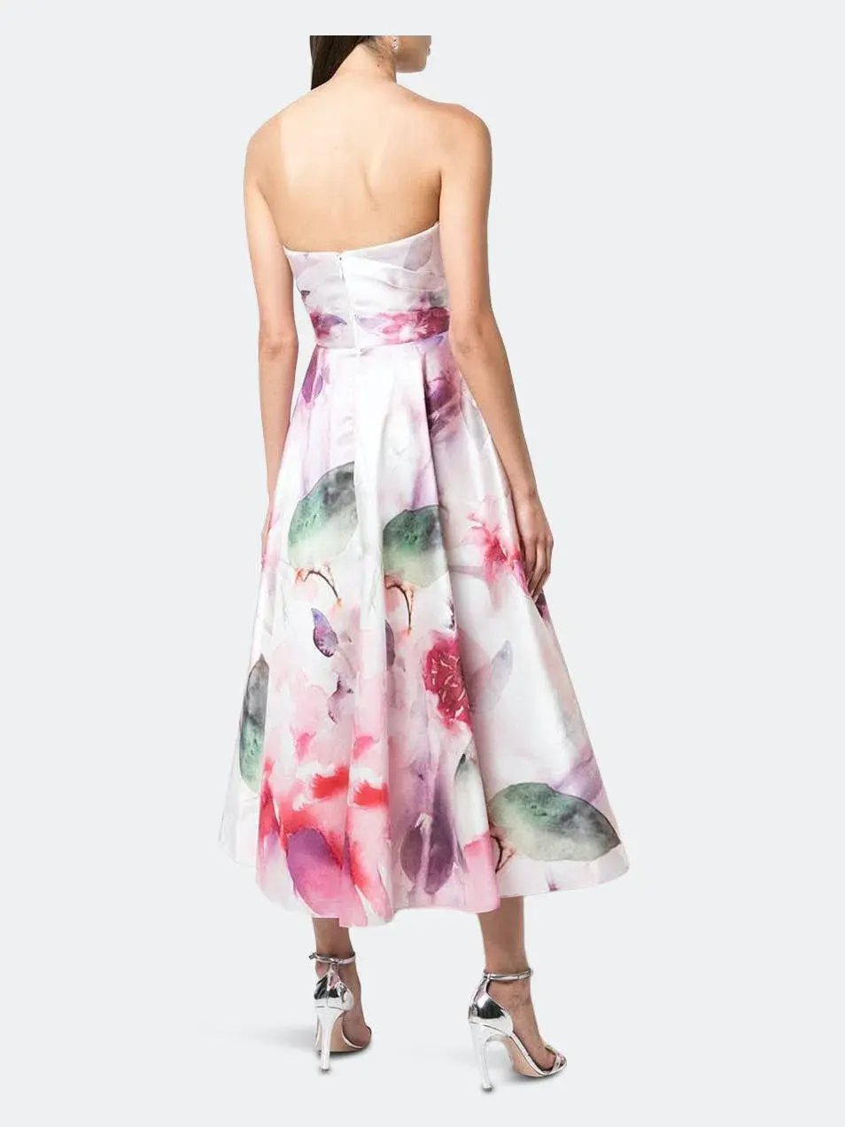 Marchesa Notte Strapless Draped Printed Mikado Pique Tea Length Dress Blush Size 12 photo 2