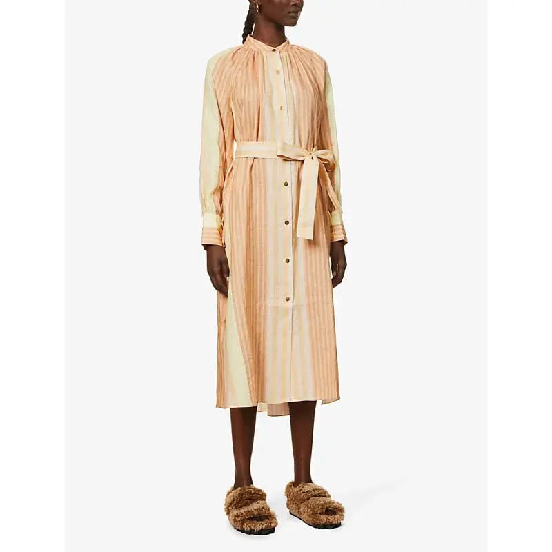 Oroton Striped Long Sleeve Belted Straight Fit Linen Midi Dress Almond Milk Size 12 photo 2