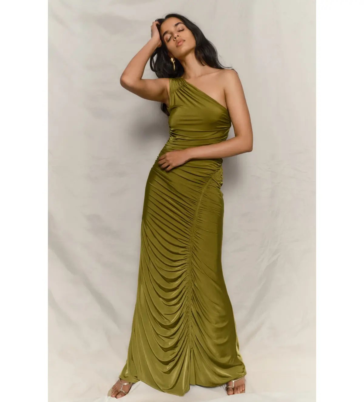 Meshki Capri Gathered Slinky Maxi Dress Vintage Olive Size 6/XS photo 3