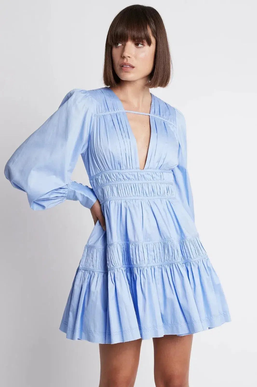 Aje Fallingwater Gathered Mini Dress In Powder Blue Size 8 photo 2