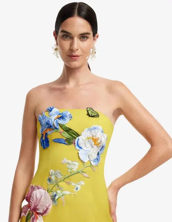 Leo Lin Rayna Applique Floral Bustier Midi Dress in Mustard Size 8 photo 3