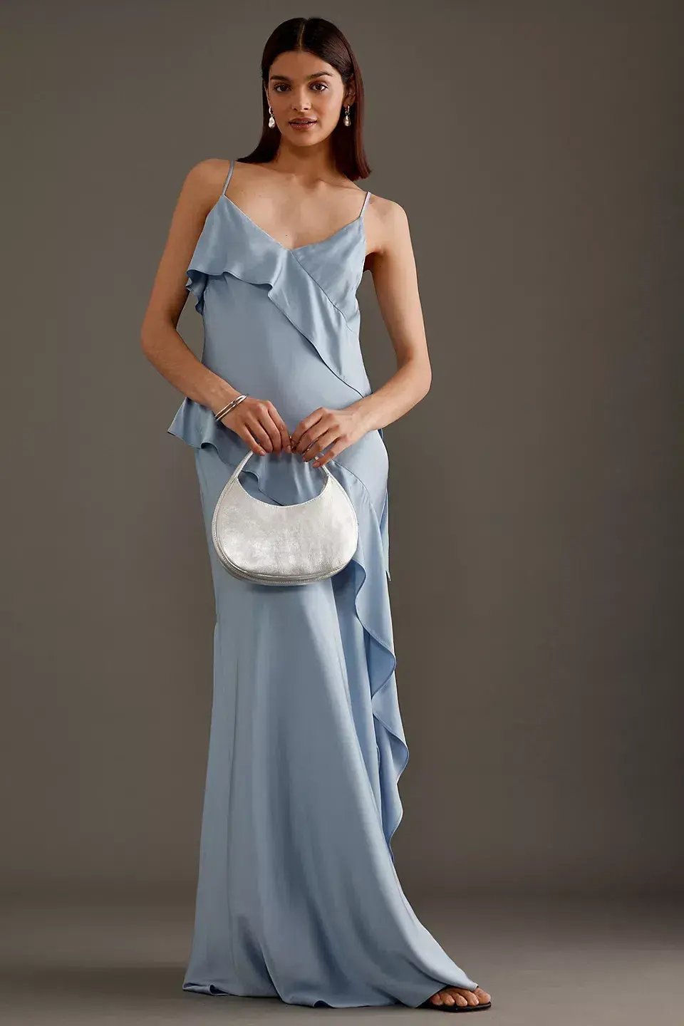 Anthropologie Asymmetric Ruffle Maxi Slip Dress Blue Size 10 photo 5