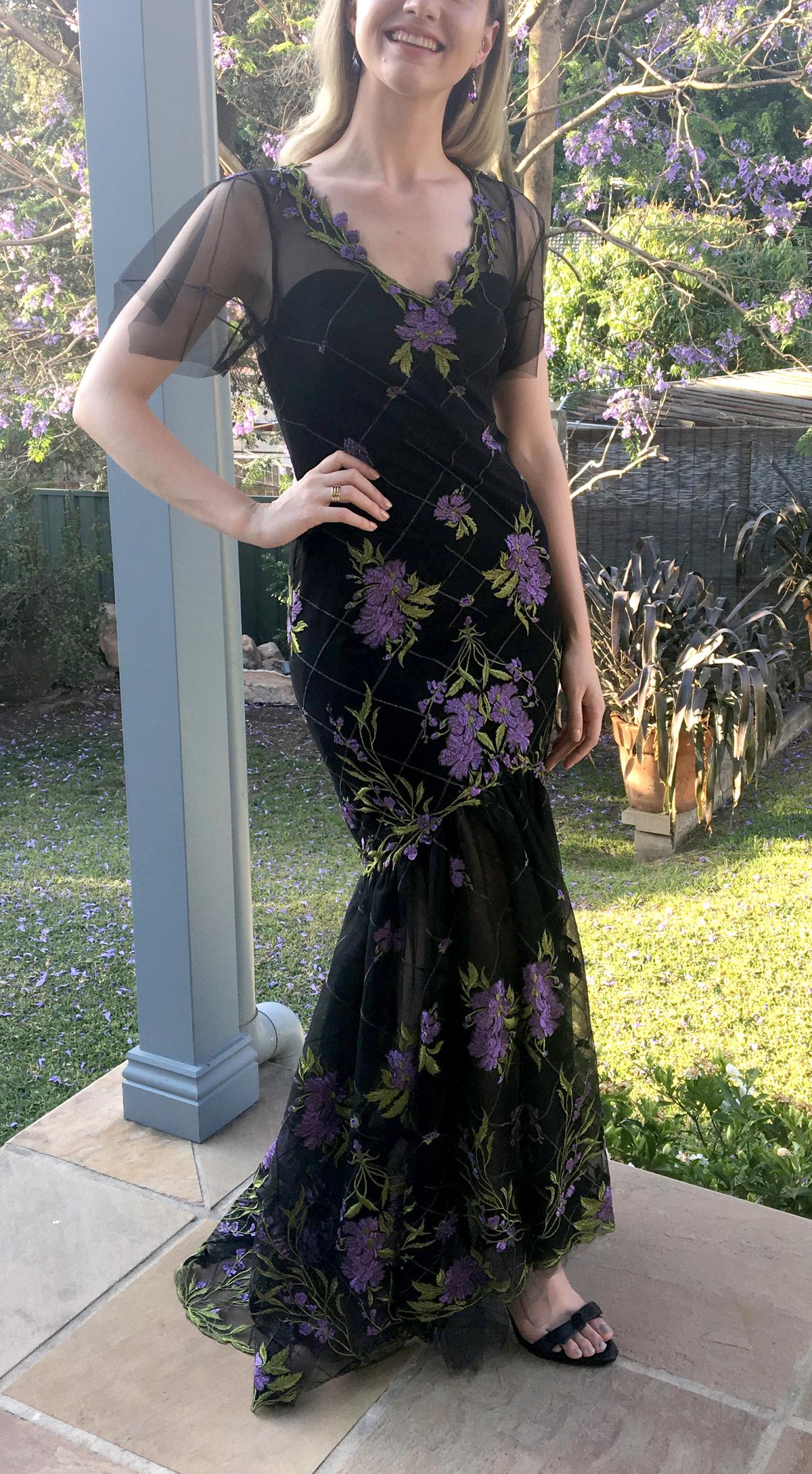 Marchesa Notte High Low Illusion Tulle Gown Dress Black Floral Size 8 photo 3