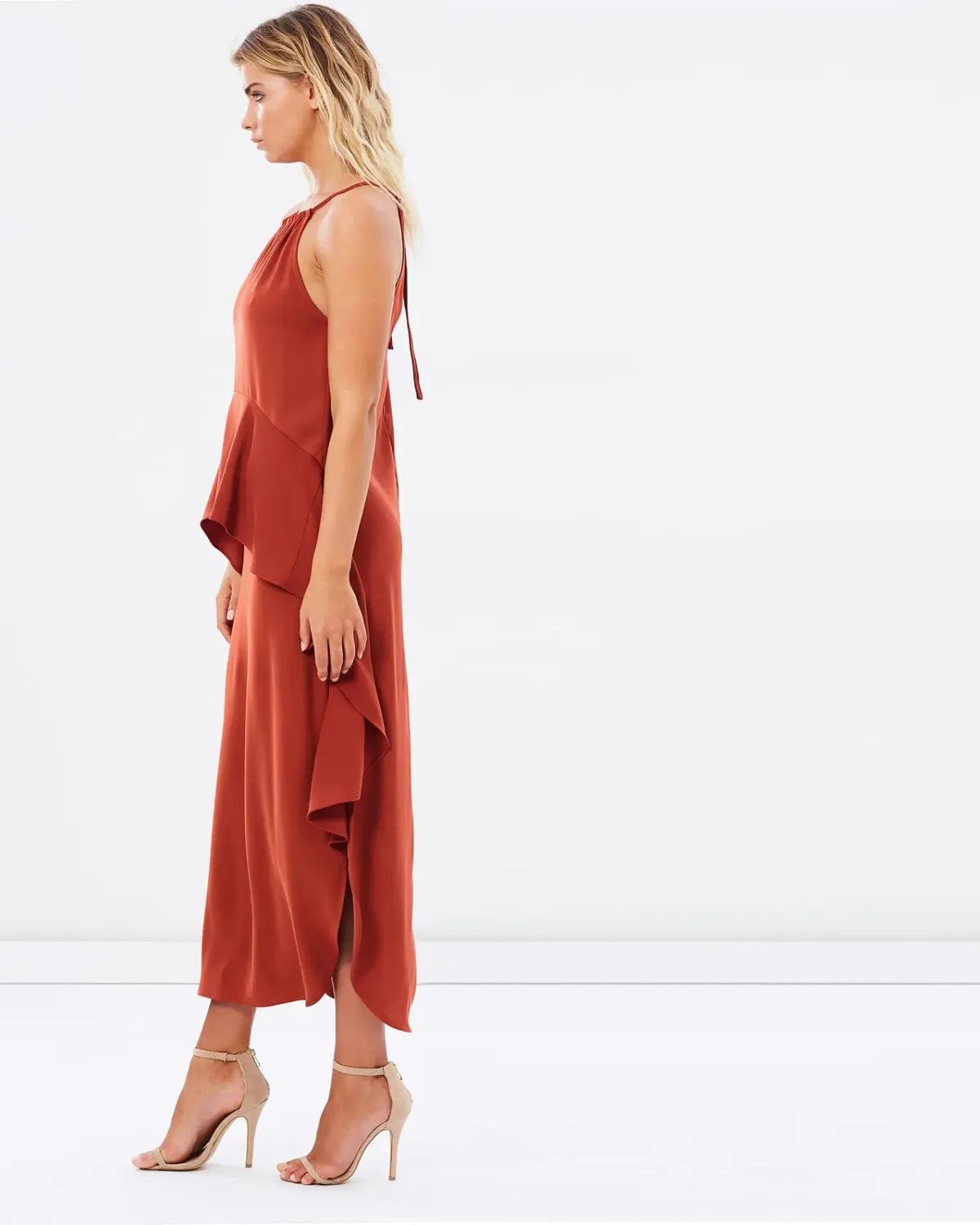 Shona Joy Voltaire Ruched Ruffle Midi Dress Rust Size 6 photo 5