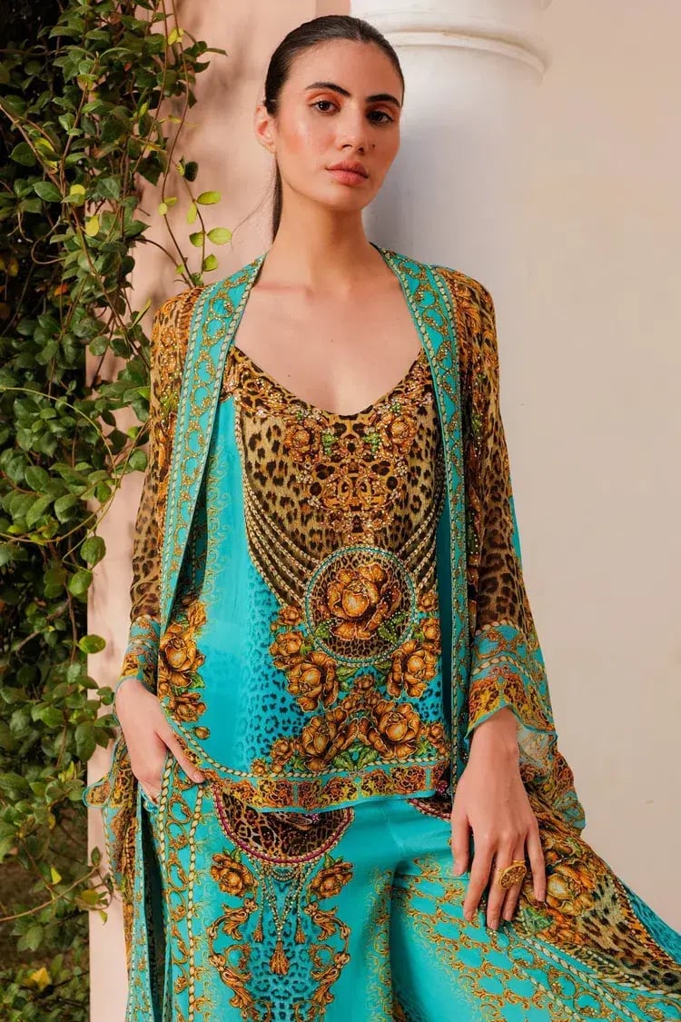 Czarina Aqua Leopardess Cami Top & Palazzo Pants with Side Slit Set Blue & Animal Print Size L/ AU12 photo 2