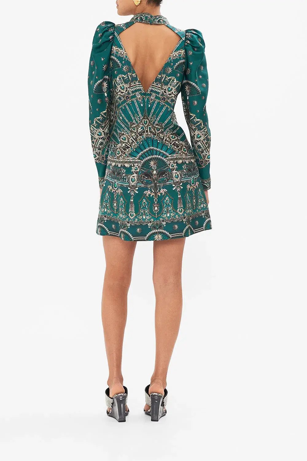 Camilla Puff Sleeve High Neck Mini Dress Green Size 14 photo 3