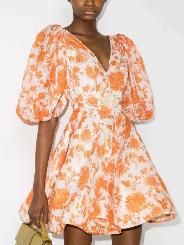 Zimmermann Postcard Puff Sleeve Mini Dress Orange Floral Size 0/AU 8 photo 2