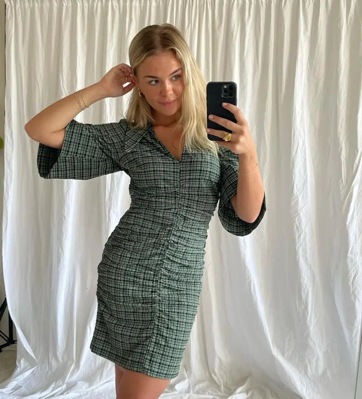 Ganni Seersucker Check Ruched Dress Bay Green Size 14 photo 4