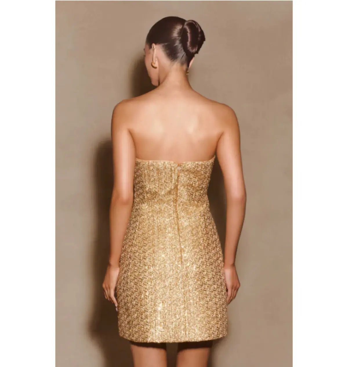 Meshki Gala Strapless Tweed Mini Dress Gold Size AU 8 photo 3