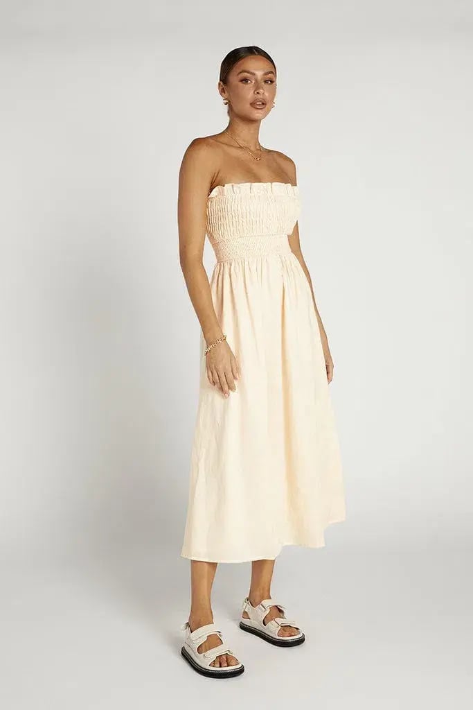 Dissh Thea Cream Shirred Linen Midi Dress Size 8 photo 2