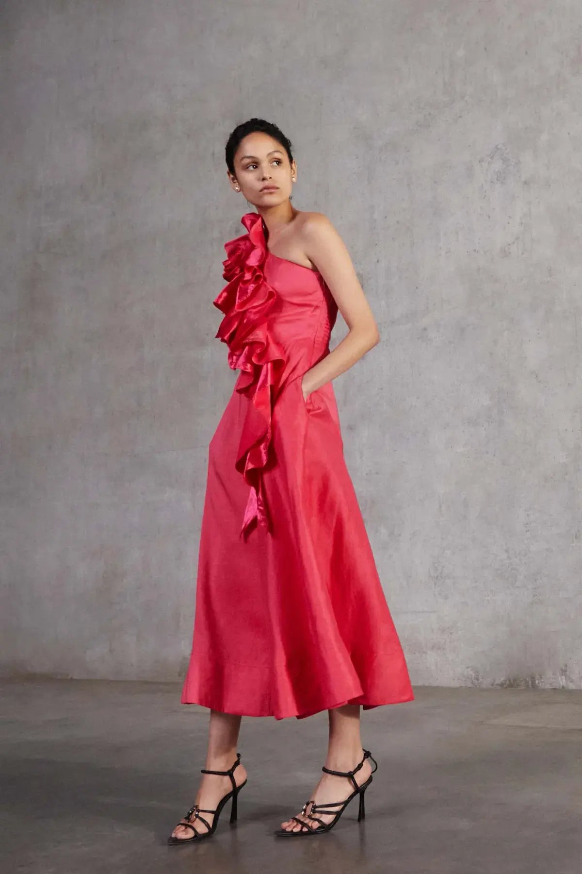 New! Aje Adelia Ruffle Midi Dress in Bougainvillea Red Size AU 6 photo 5