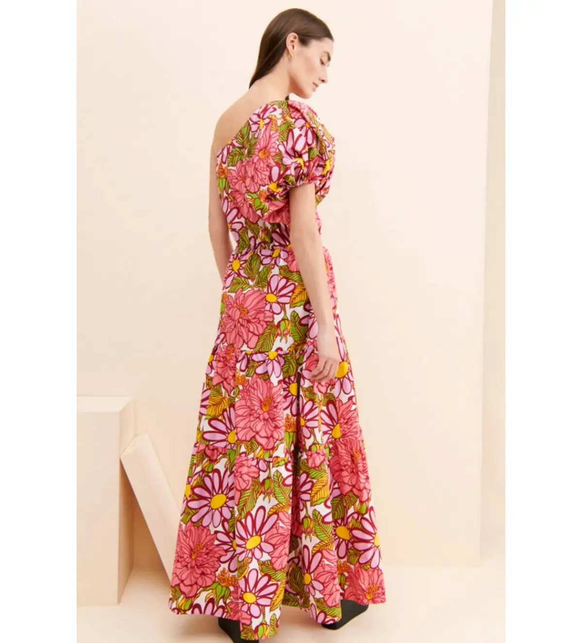 S/W/F Frida One Shoulder Puff Sleeve Maxi Dress Floral Pink Size L / Au 14 photo 7