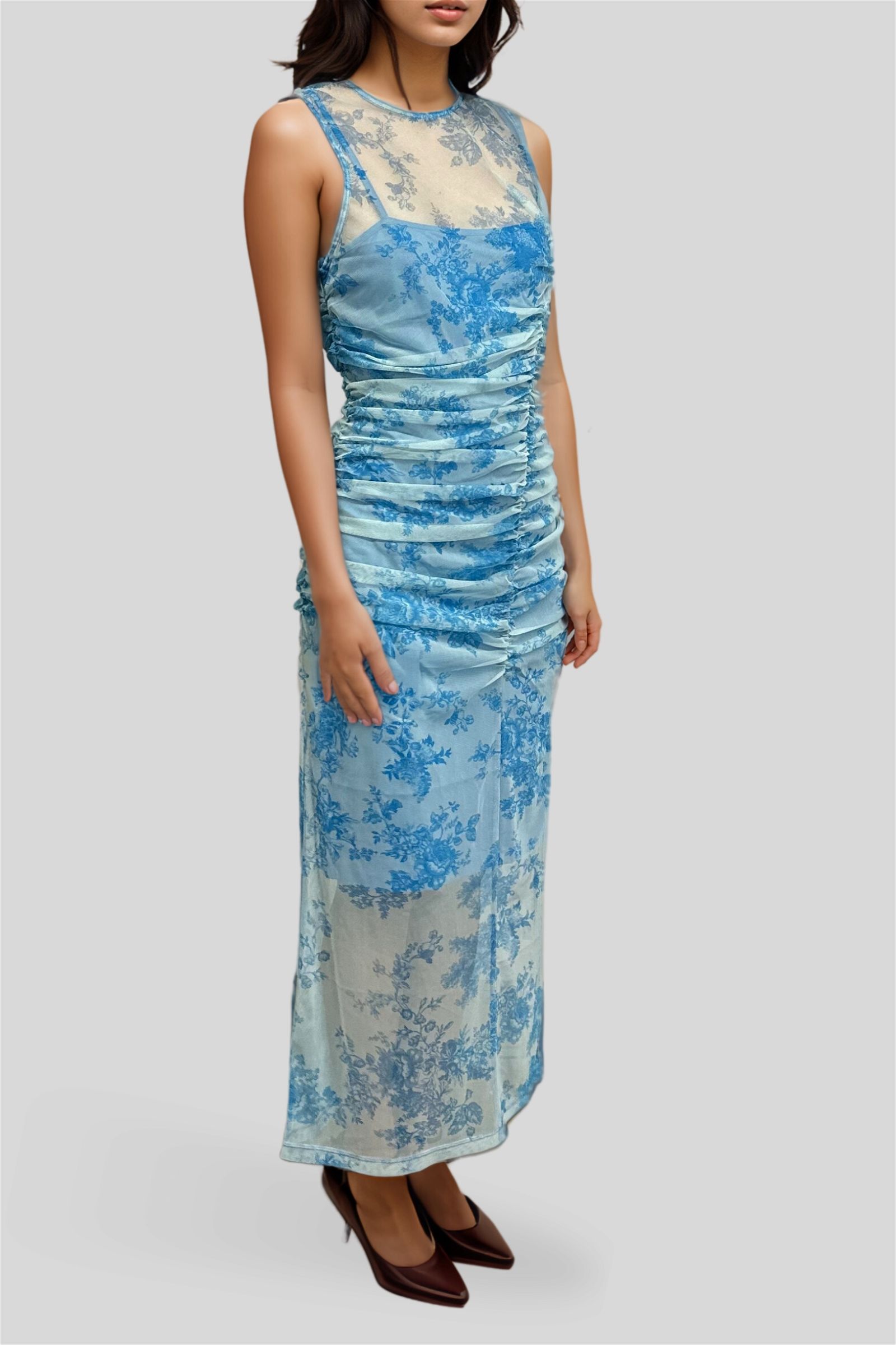 Floral Sheer Ruched Panel Dress photo 2