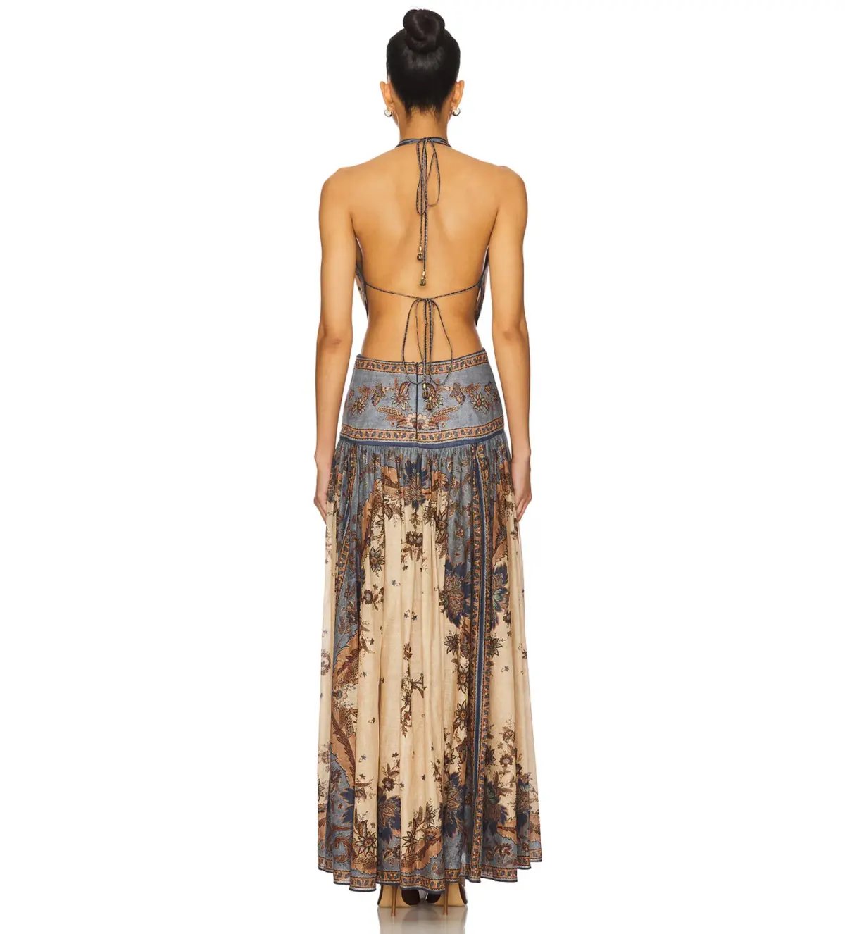 Zimmermann Ascension Plunge Halter Maxi Dress in Blue & Cream Indienne Floral Size 1/ AU 10 photo 3