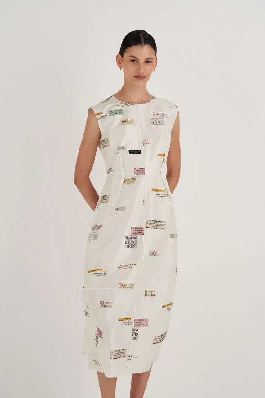 Oroton Structured Spaced Label Midi Dress Soft Cream Print Size 6 photo 2