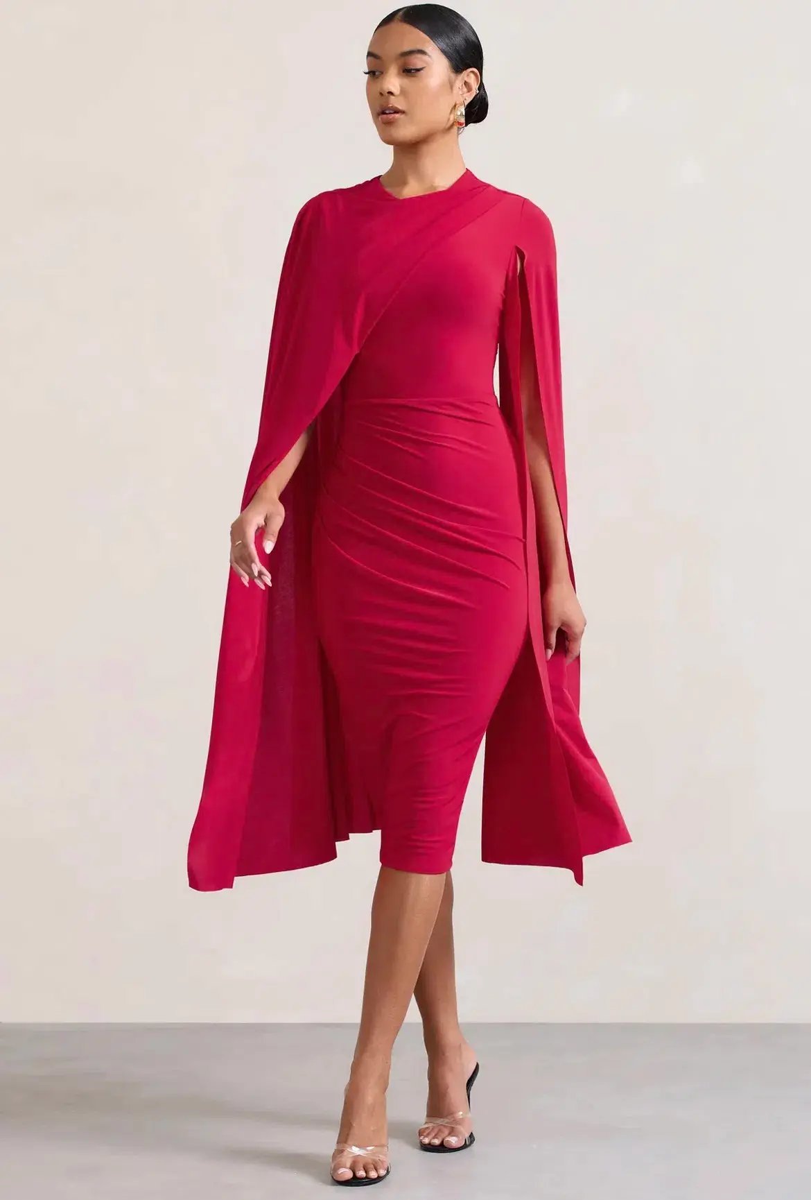 Club L London Marysol Asymmetric Cape Midi Dress Red Size 16 photo 4