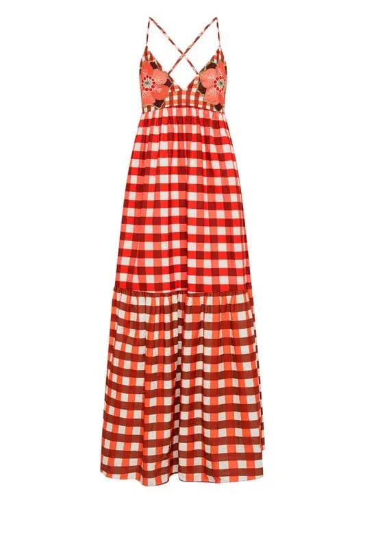 Bohemian Traders Gingham Embroidery Dress In Ruby Cream / Size 12 photo 4