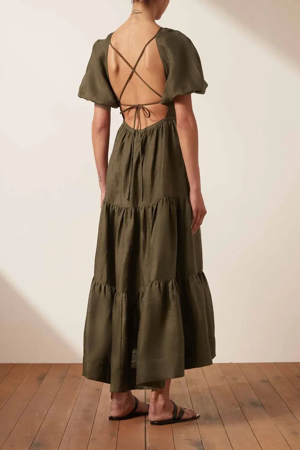 Shona Joy Bruna Linen Short Sleeve Backless Midi Dress Green Size 12 photo 2