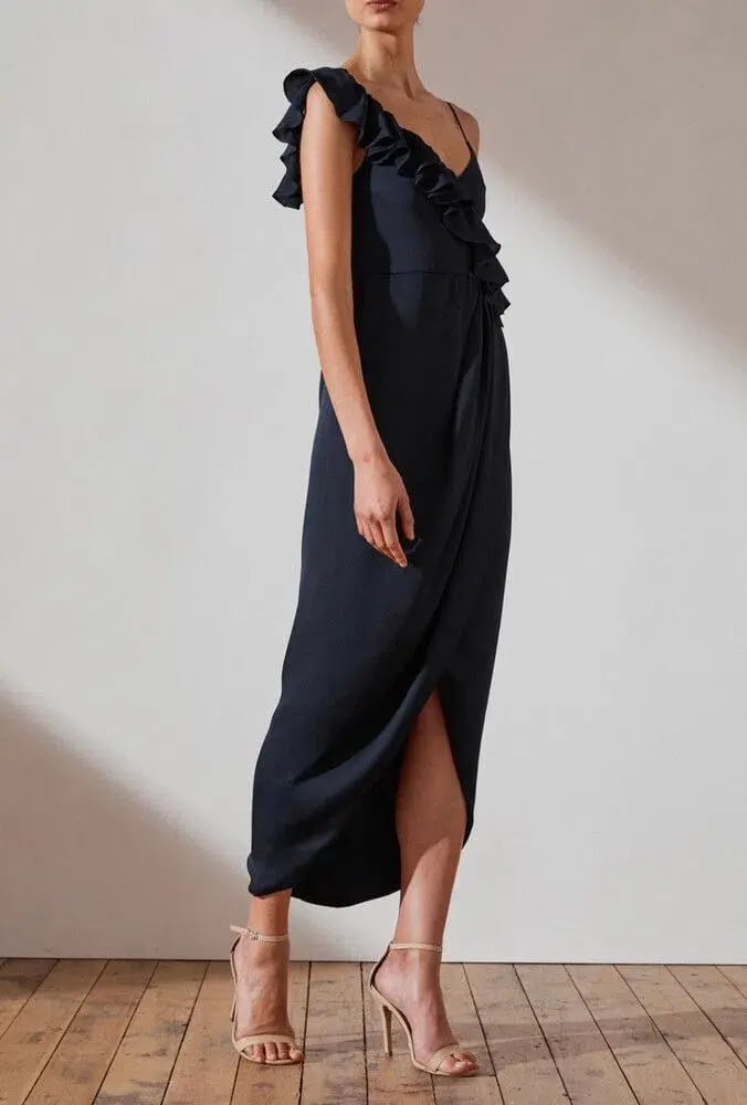 Shona Joy Asymmetrical Frill Draped Dress in Sapphire Size 6 photo 3