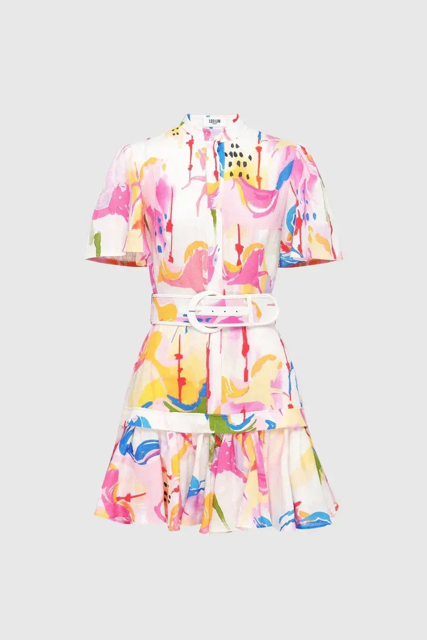 Leo Lin Carousel Linen Shirt Dress Rainbow Multi Print Size AU 14 photo 2