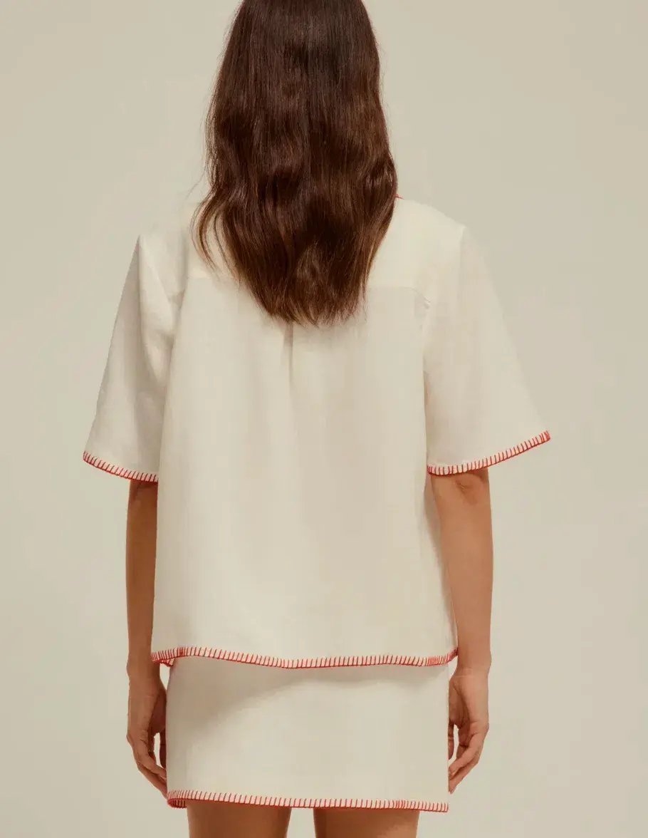 Venroy Blanket Stitch Linen Shirt & Skirt Set Pearl White Size 8 photo 3