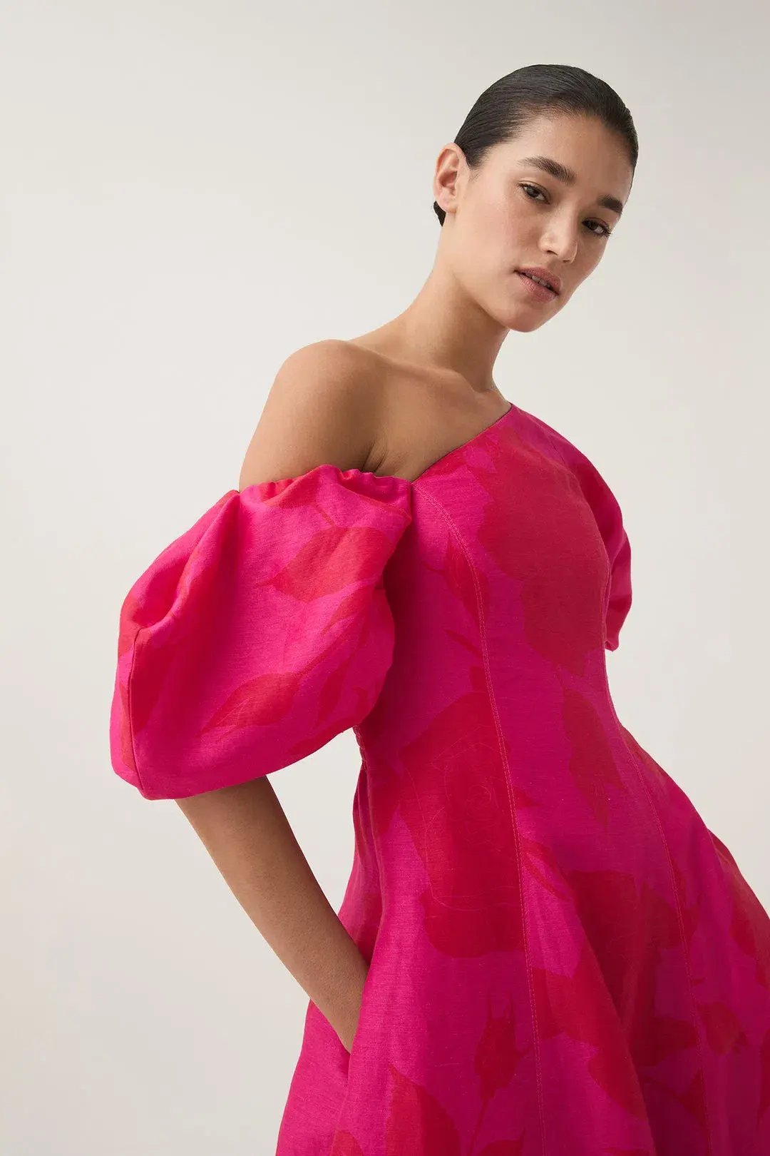 Aje Arista Tulip Sleeve Midi Dress in Florescent Rose Size AU 10 photo 3