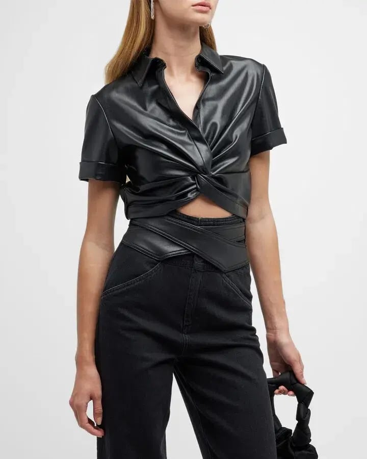 Alice + Olivia Phebe Cropped Twisted Vegan Leather Top Black Size S/ AU 8 photo 4