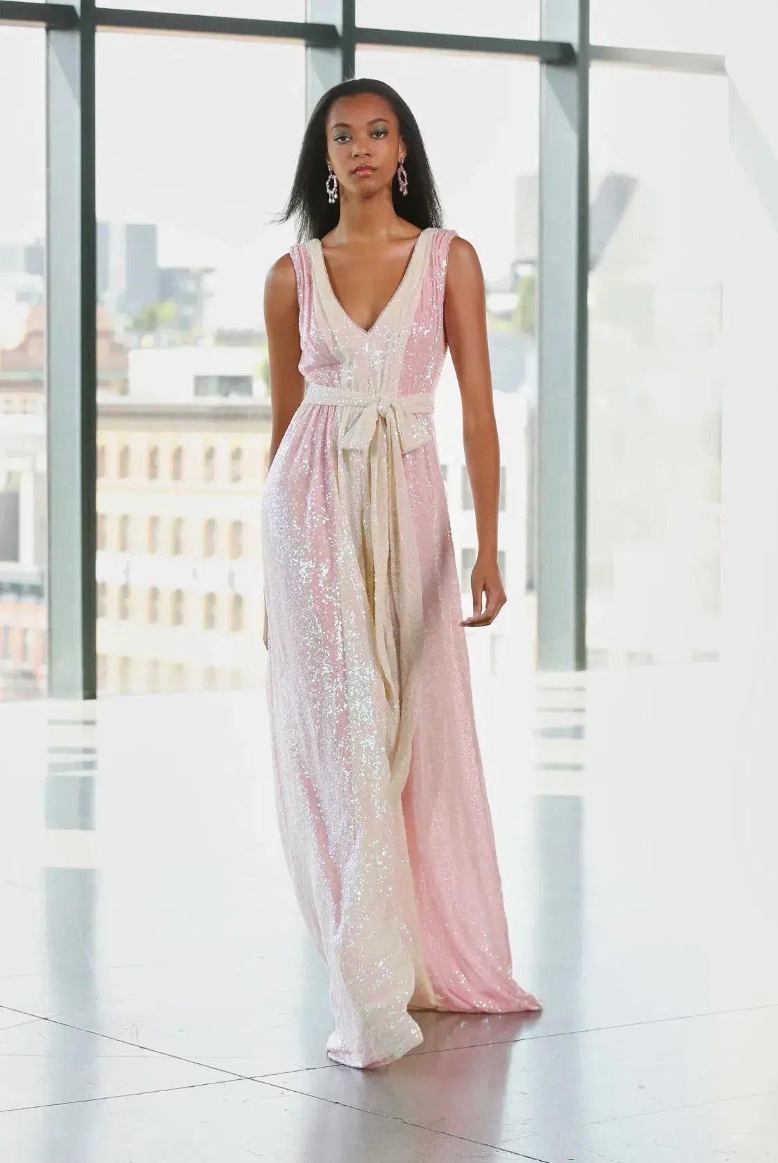 Badgley Mischka Two Tone V-Neck Sequin Long Gown Pink and Lemon Size AU 8 photo 4