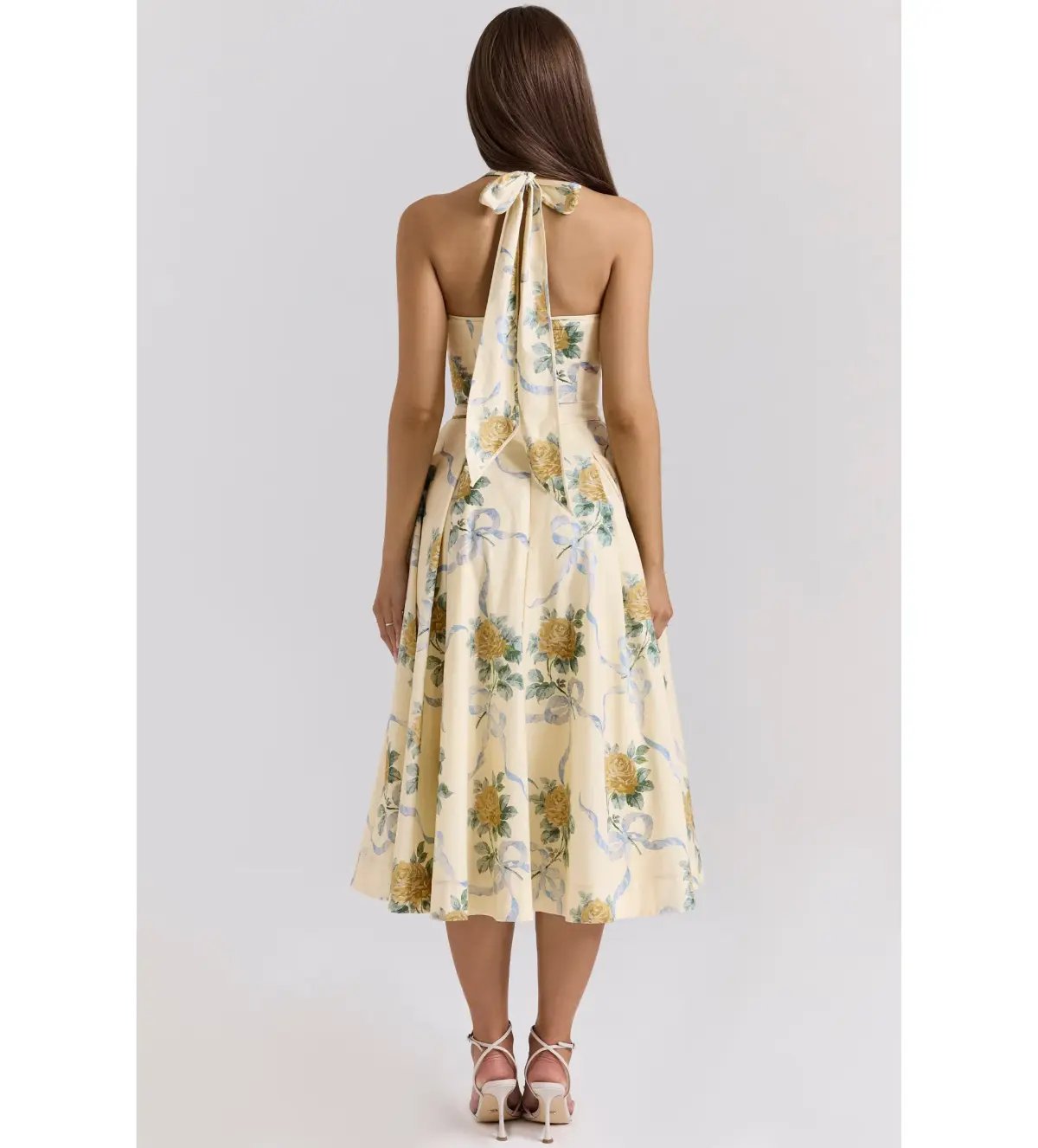 House of CB Allena Ribbon Stretch Cotton Halter Midi Sundress in Lemon Size AU 8 photo 4