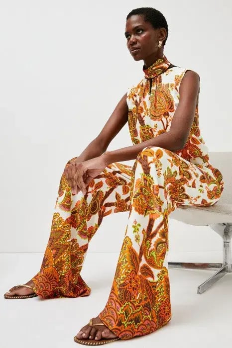 Karen Millen Petite Batik Floral Palazzo Woven Trouser And High Neck Top Orange Size AU 6 photo 4