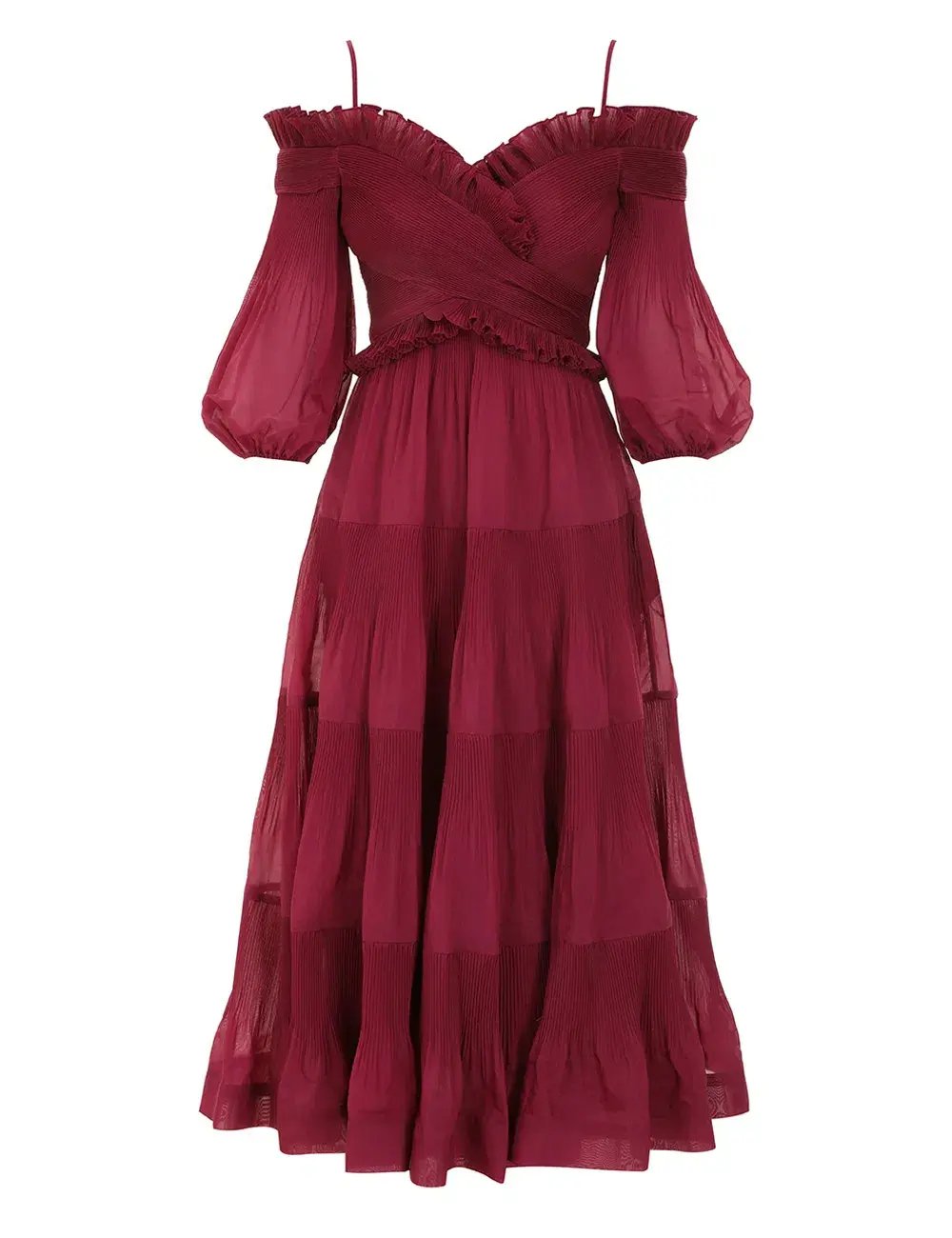 Zimmermann Pleated Off Shoulder Midi Dress Berry Size 2 / AU 12 photo 3
