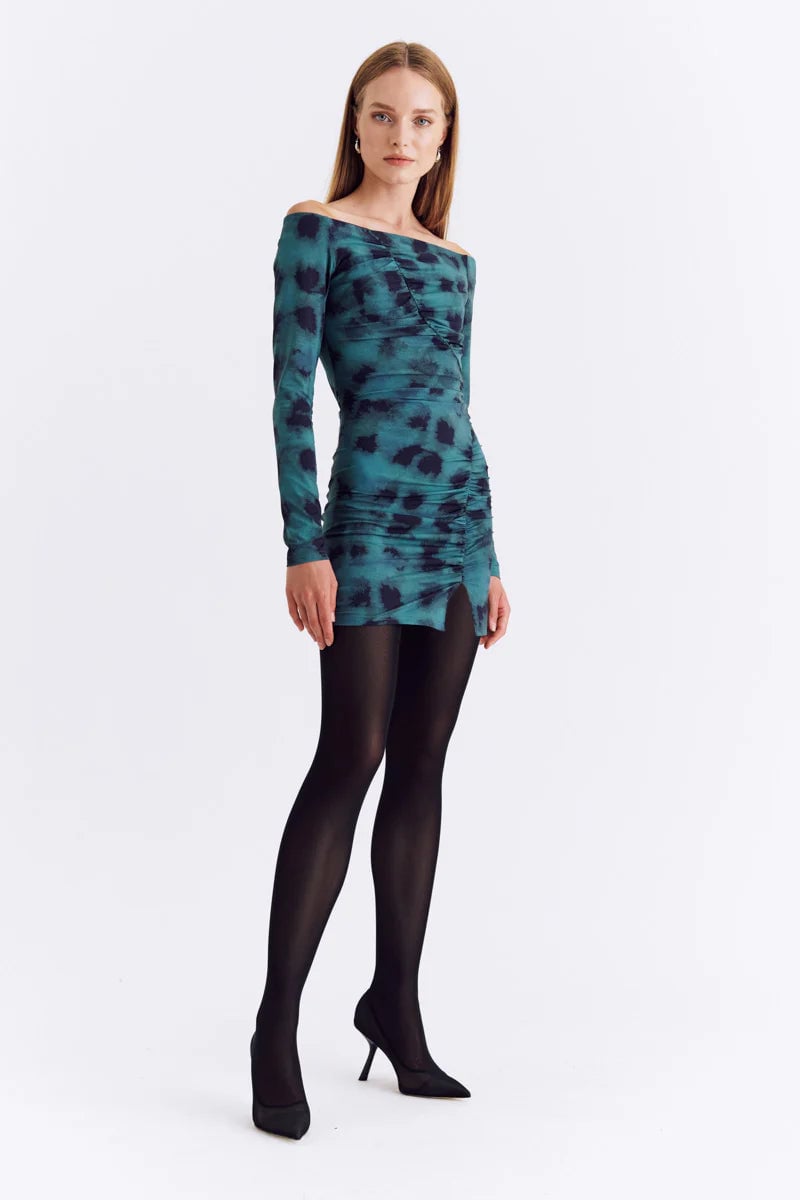 SUBOO SHIBORI LONG SLEEVE OFF SHOULDER TUNIC DRESS - GREEN PRINT photo 3