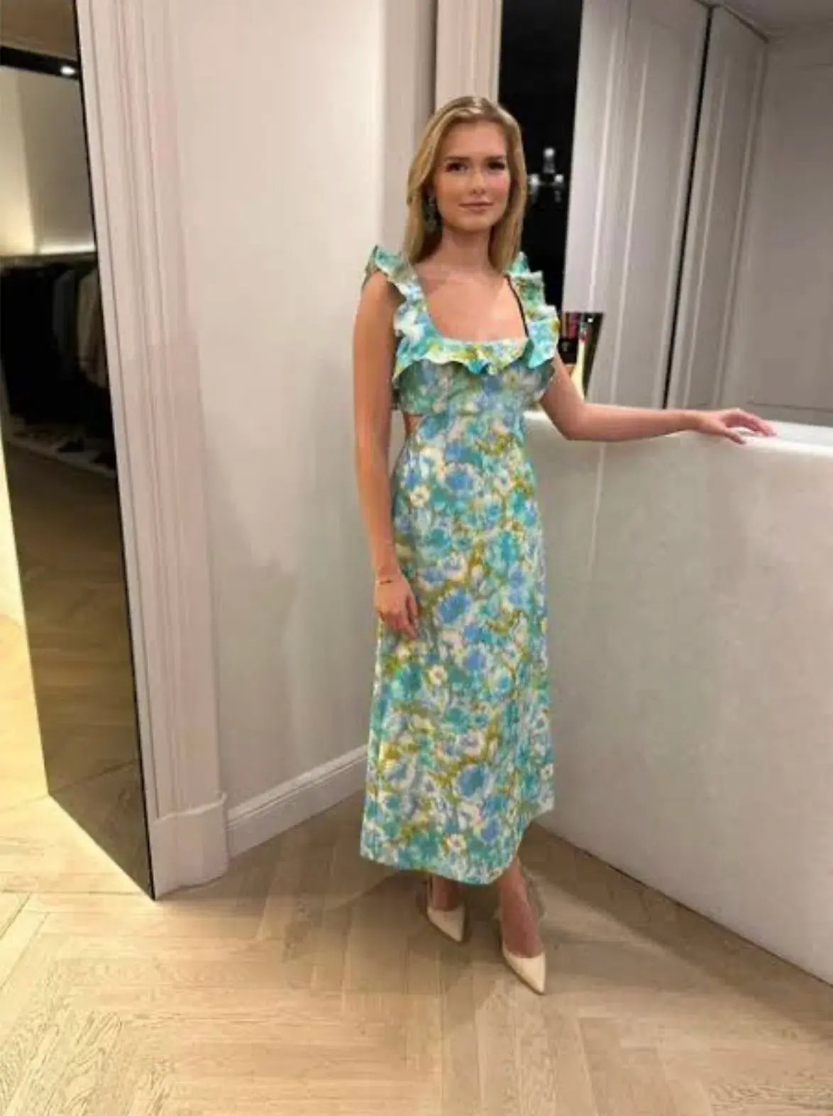 Zimmermann High Tide Ruffle Midi Dress Aqua Ikat Floral Size 1 / AU 10 photo 5