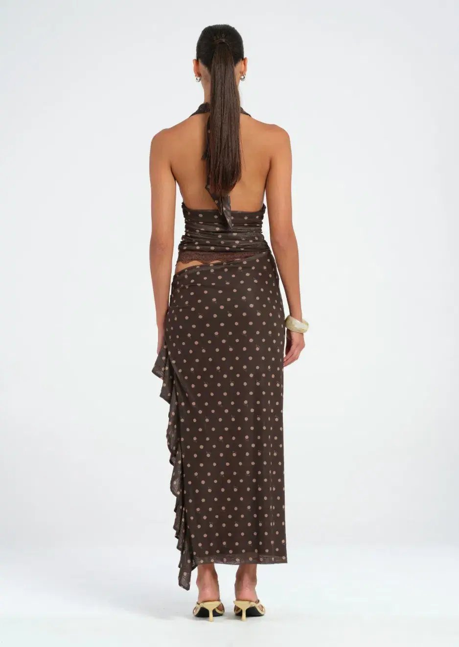 Benni Penelope Maxi Dress Chocolate Polka Dot Size 8 photo 3