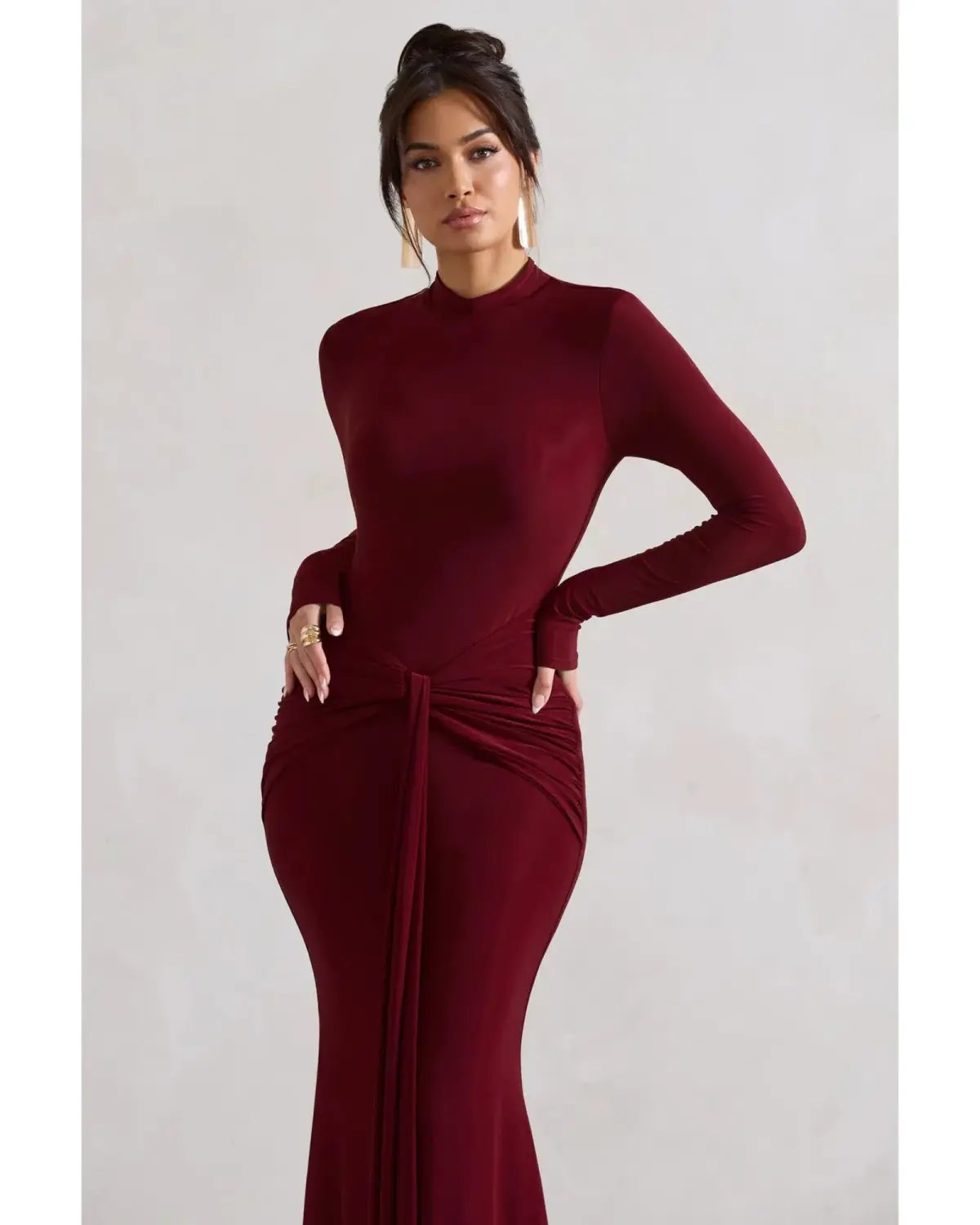 Club L London Pietra High-Neck Long Sleeve Knot Maxi Dress Berry Size AU 12 photo 4