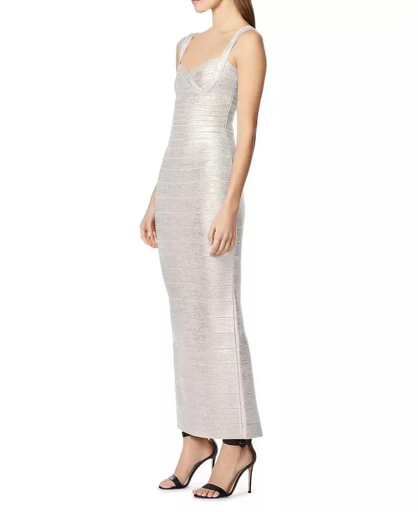 Herve Leger Sweetheart Banded Foil Gown Silver Size 8 photo 2