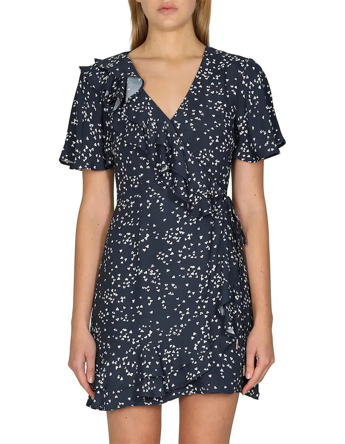 Rebecca Vallance Flores Ruffled Printed Crepe Wrap Mini Dress Navy Size 8 photo 3