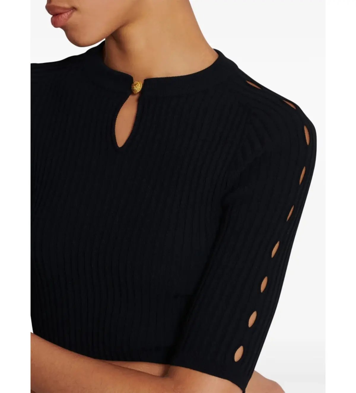 Balmain Round Neck Pleated Ribbed-Knit Skater Mini Dress Black Size AU 10 photo 4